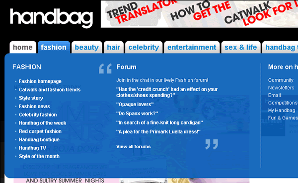 Ribbon Menu on Handbag.com